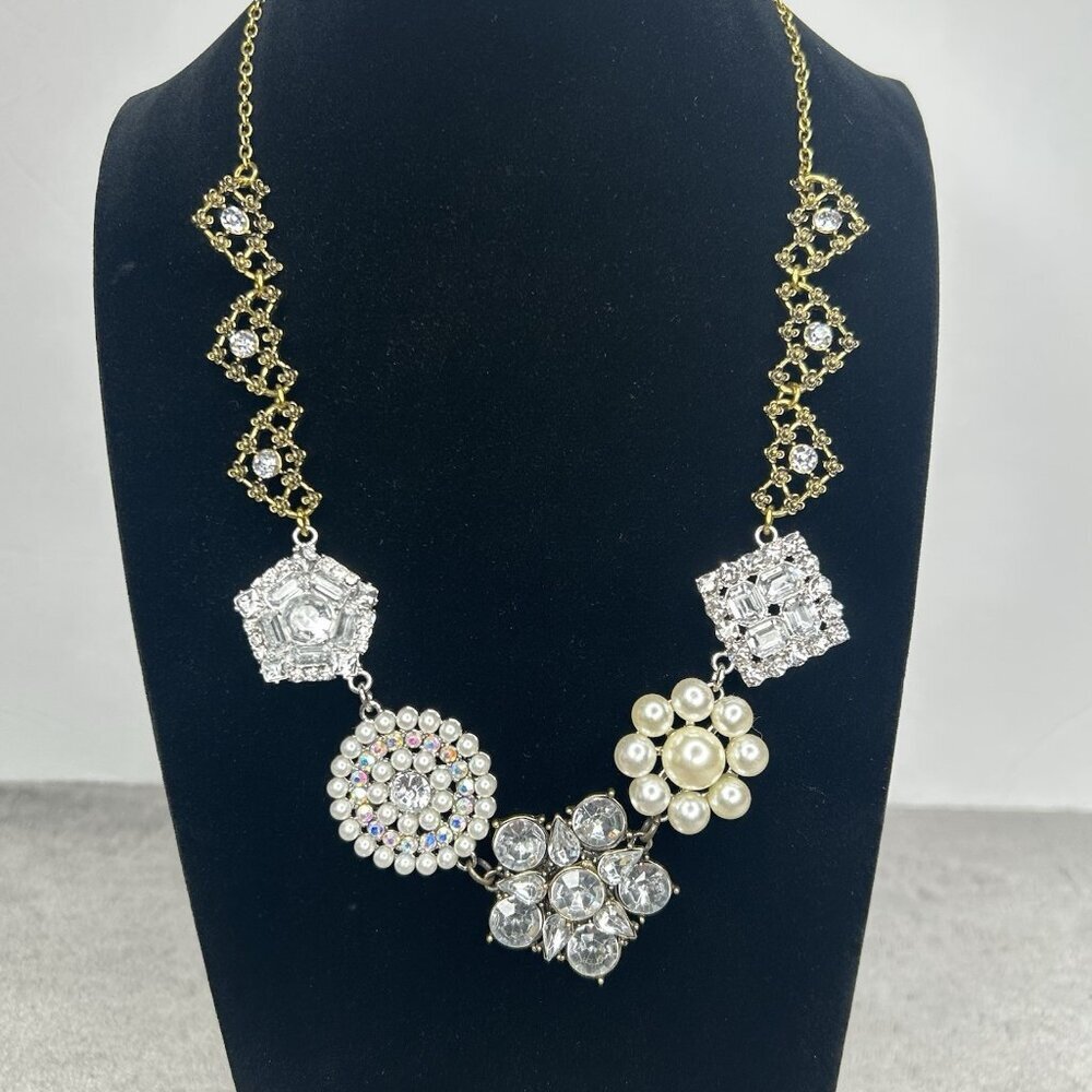 Plunder Lynn Necklace Statement Bib Brooch Bling Faux Pearl Rhinestone Sparkle